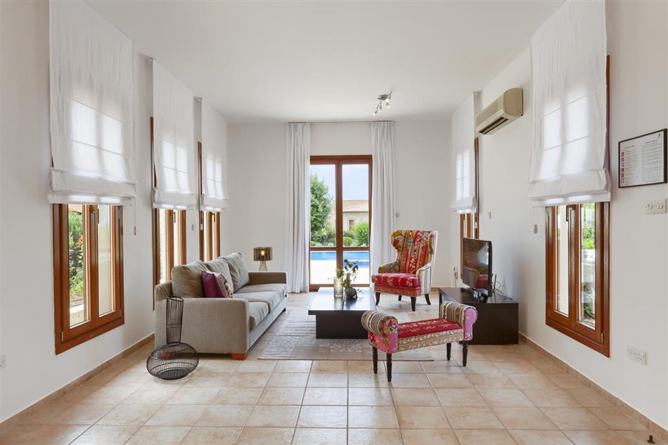 This is the living room at Villa Shura in Aphrodite Hills Resort, Cyprus